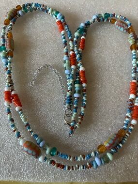 Handcrafted Multicolor Seed Bead Necklace with Coral Accents African beads